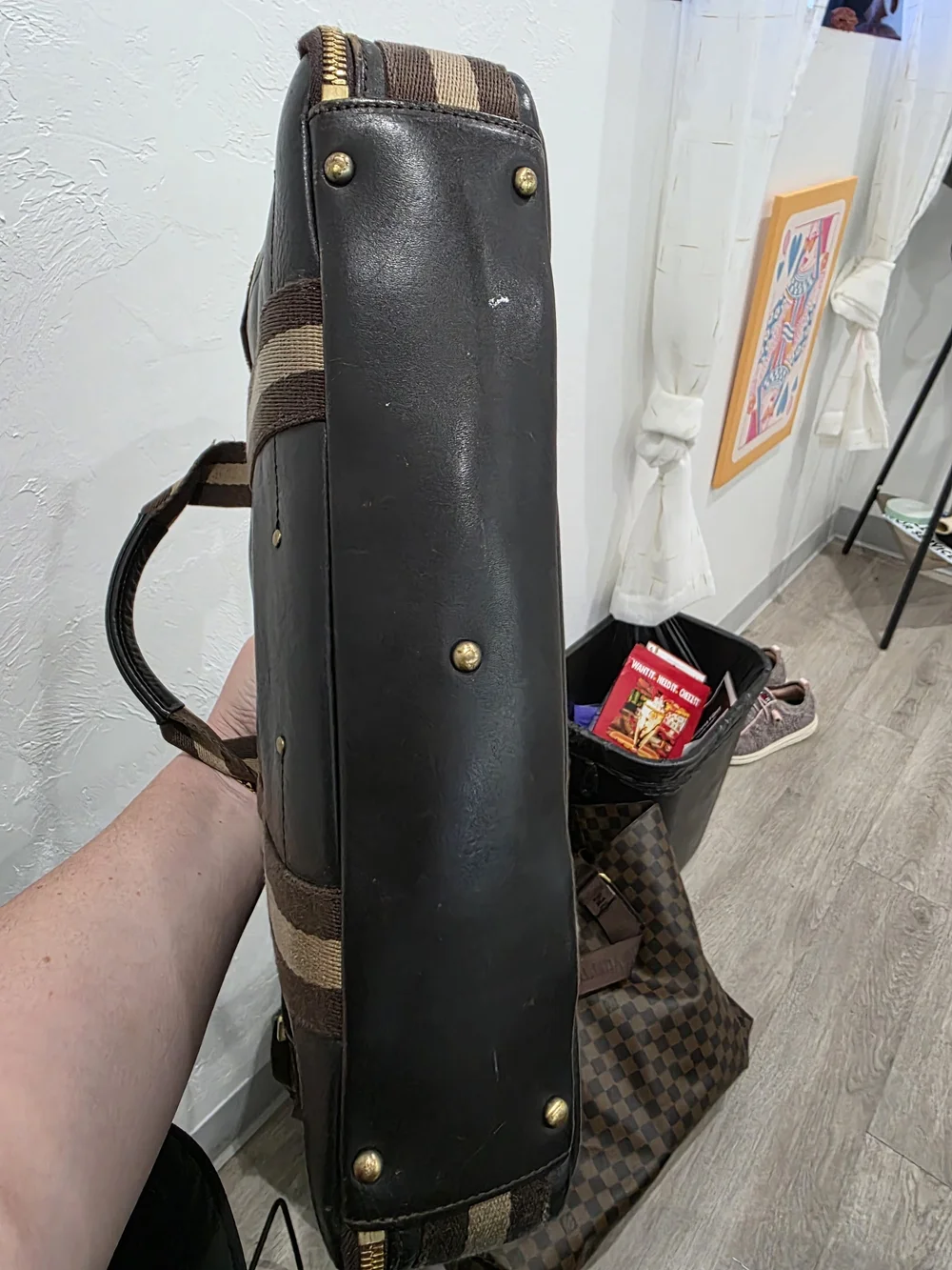 MCM Brown Leather Laptop Briefcase with Striped Webbing Straps
